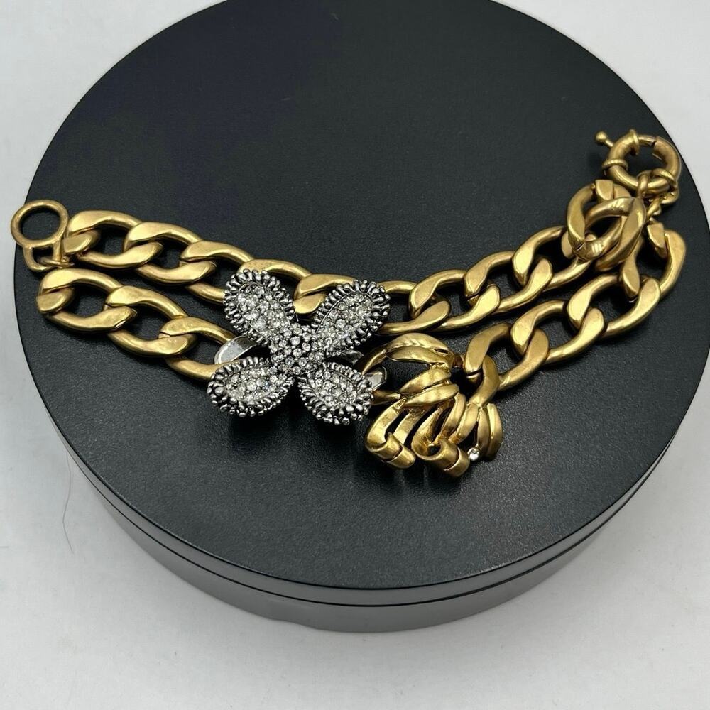 J. Crew Vintage Two Tone Rhinestone Pave Flower Chunky Statement Toggle Bracelet